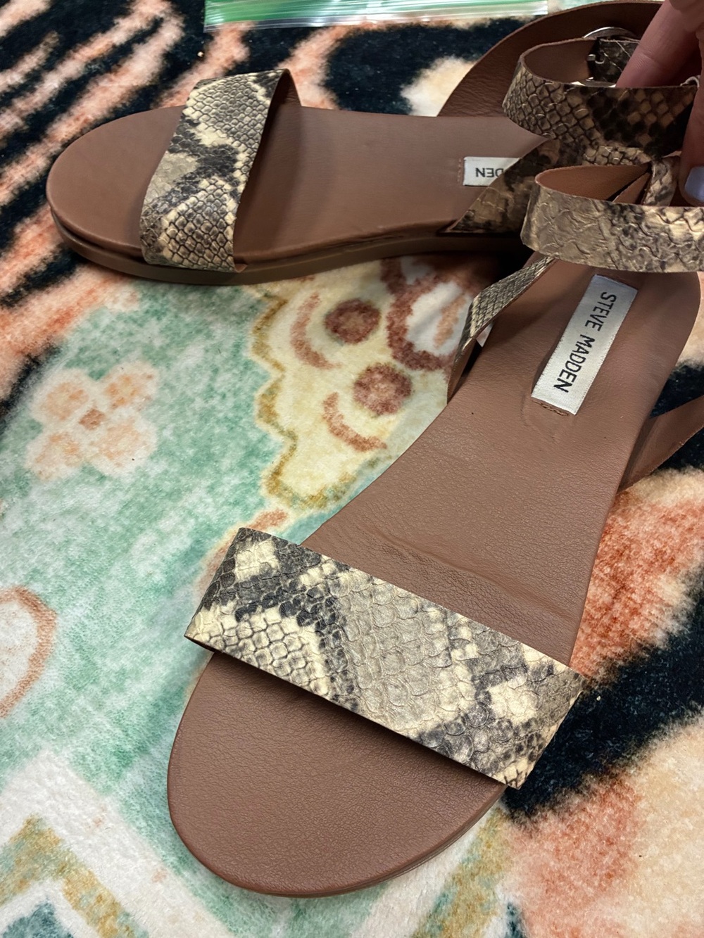 Steve Madden Dalton Flat Sandal in the Natural Snake print
